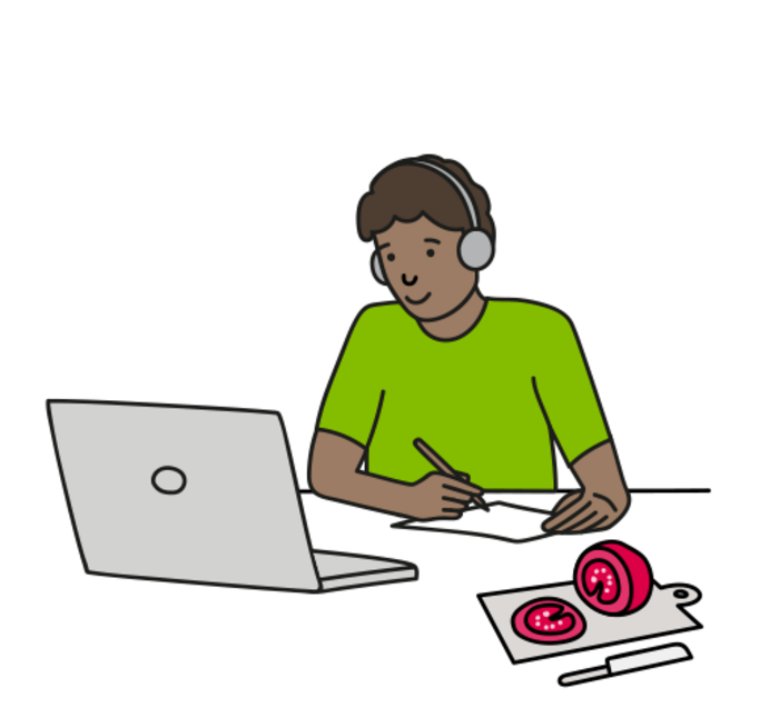 Illustration: Sarah Wiener Stiftung Ein Mann sitzt am Laptop und lernt.